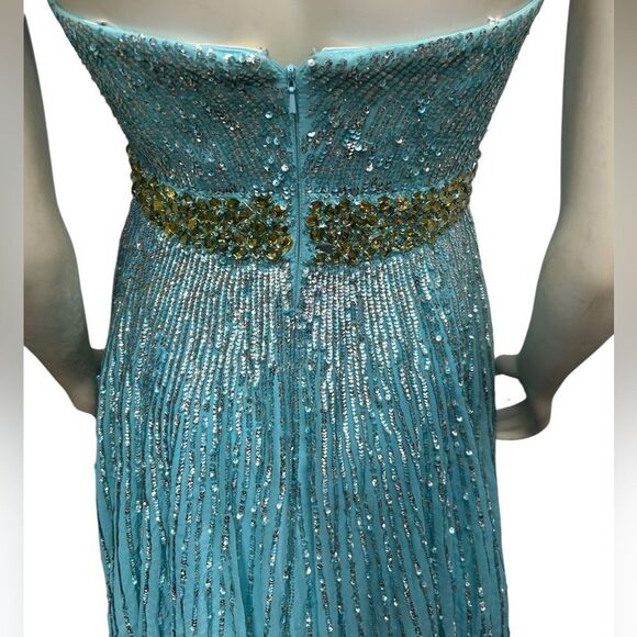 Sherri Hill 100% Silk Light Blue Gown with Sequins Strapless Prom Dress Size 8 - Picture 10 of 15